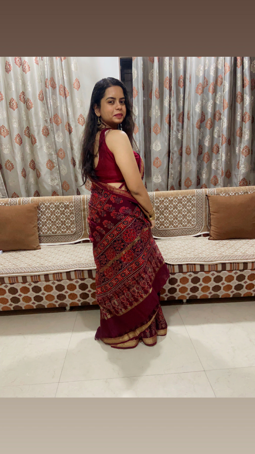 Burgundy maheshwari cotton silk zari border saree