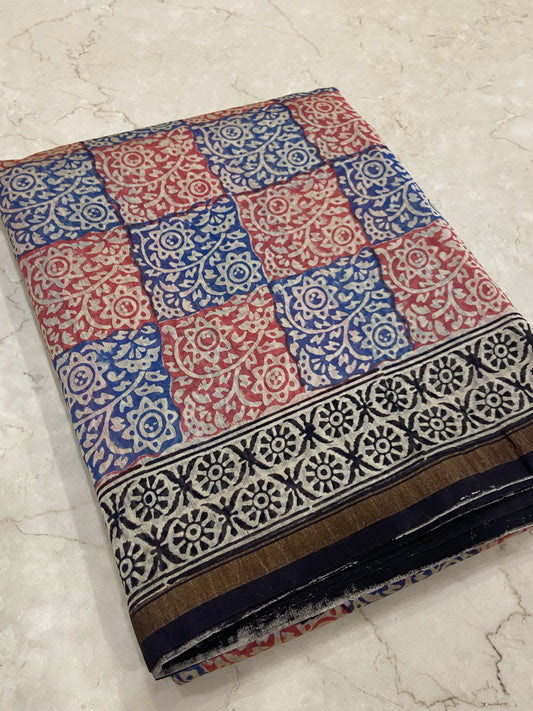 Blue and red checks chanderi cotton silk saree