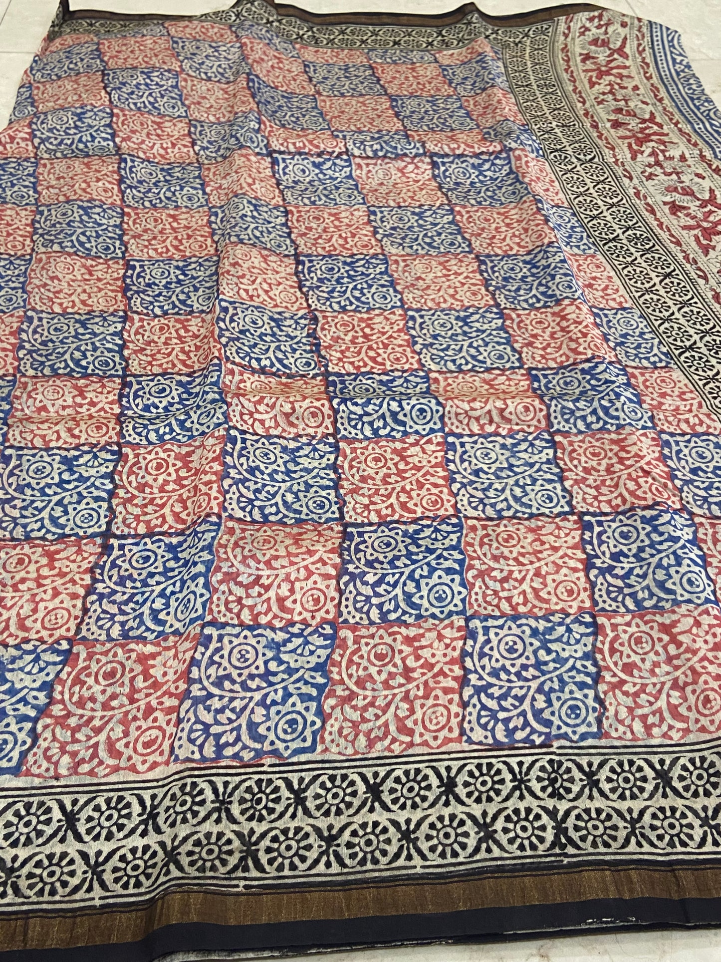 Blue and red checks chanderi cotton silk saree