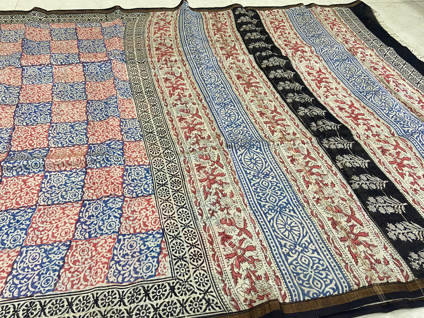 Blue and red checks chanderi cotton silk saree