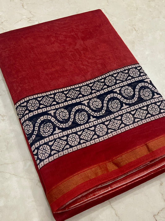 Berry red chanderi cotton silk zari border saree