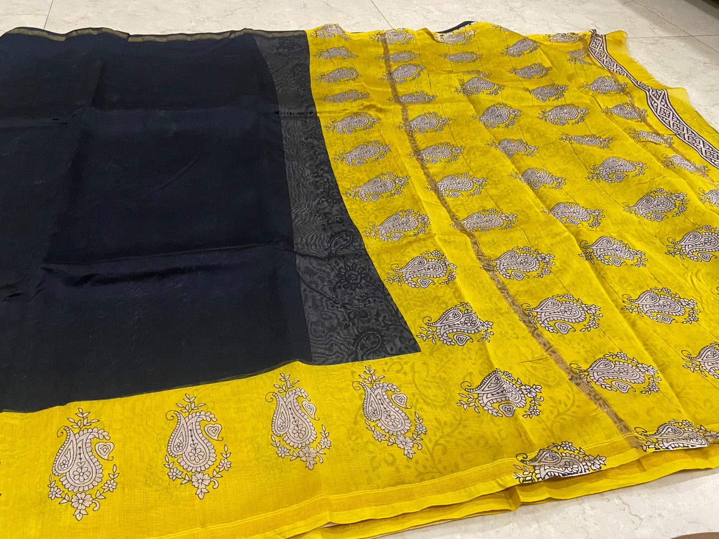 Black and yellow chanderi cotton silk saree