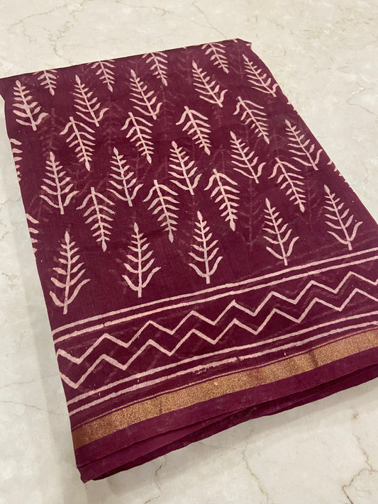 Burgandy leaf buttis chanderi cotton silk zari border saree