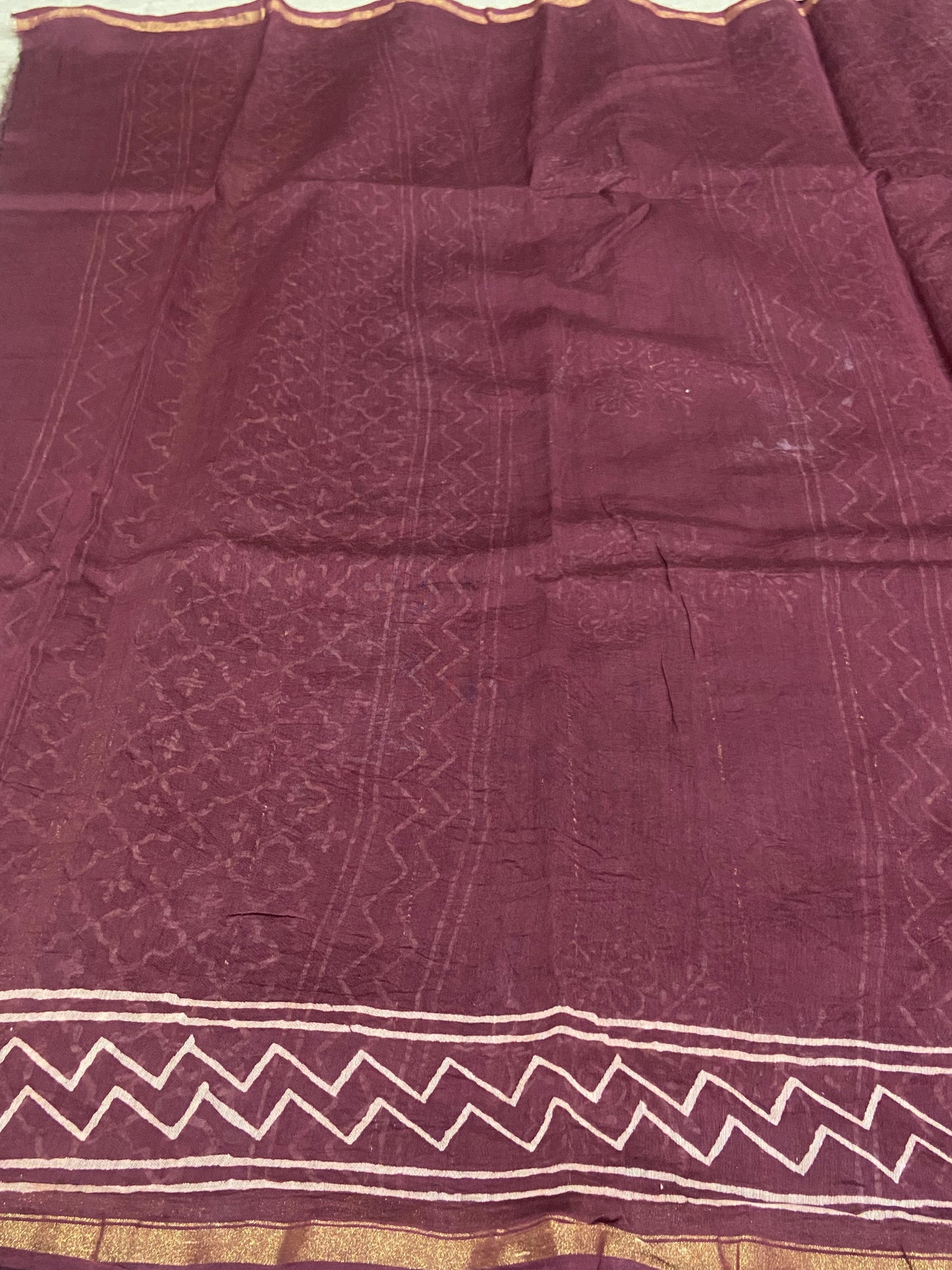 Burgandy leaf buttis chanderi cotton silk zari border saree