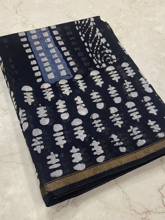 Black and blue pattern chanderi cotton silk saree