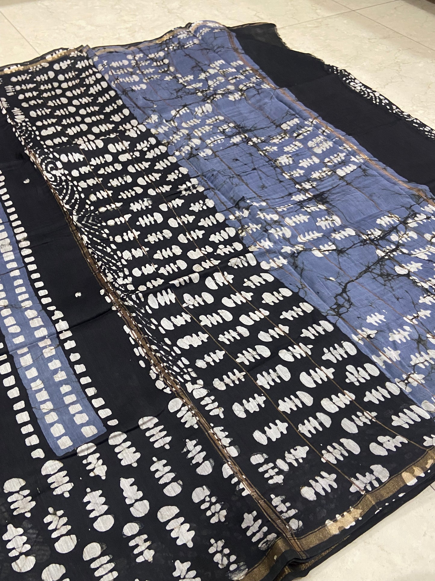 Black and blue pattern chanderi cotton silk saree