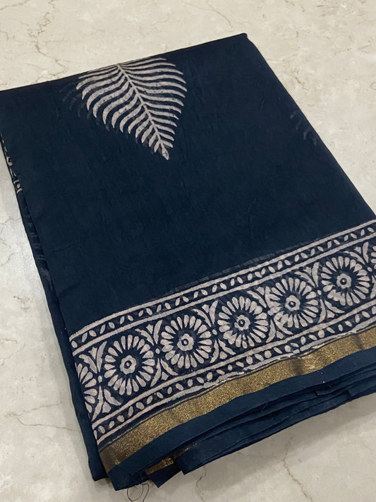 Navy blue leaf buttis chanderi cotton silk saree