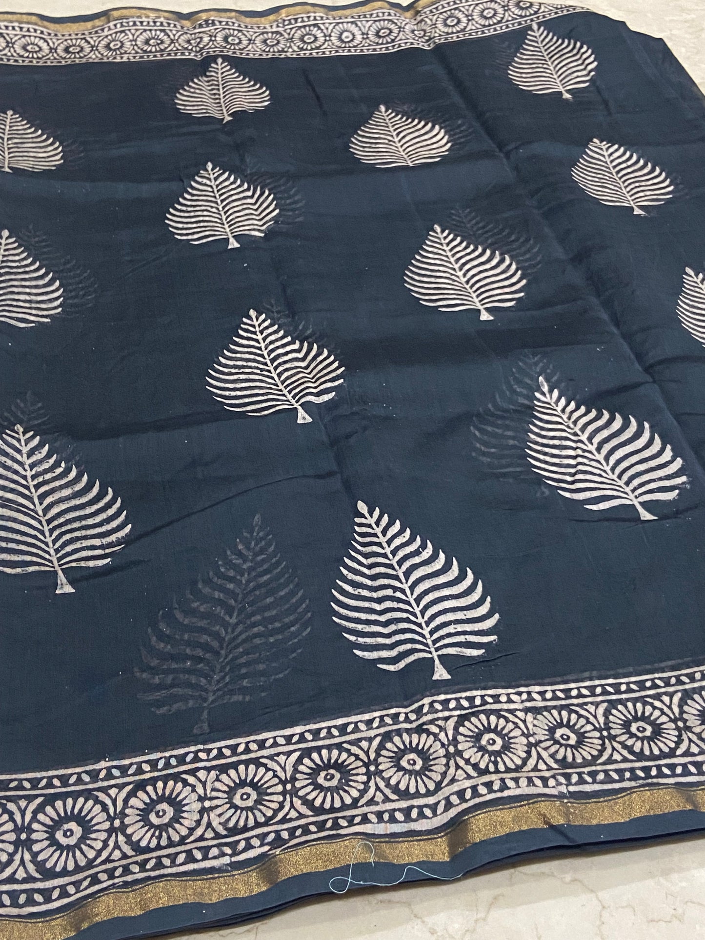 Navy blue leaf buttis chanderi cotton silk saree