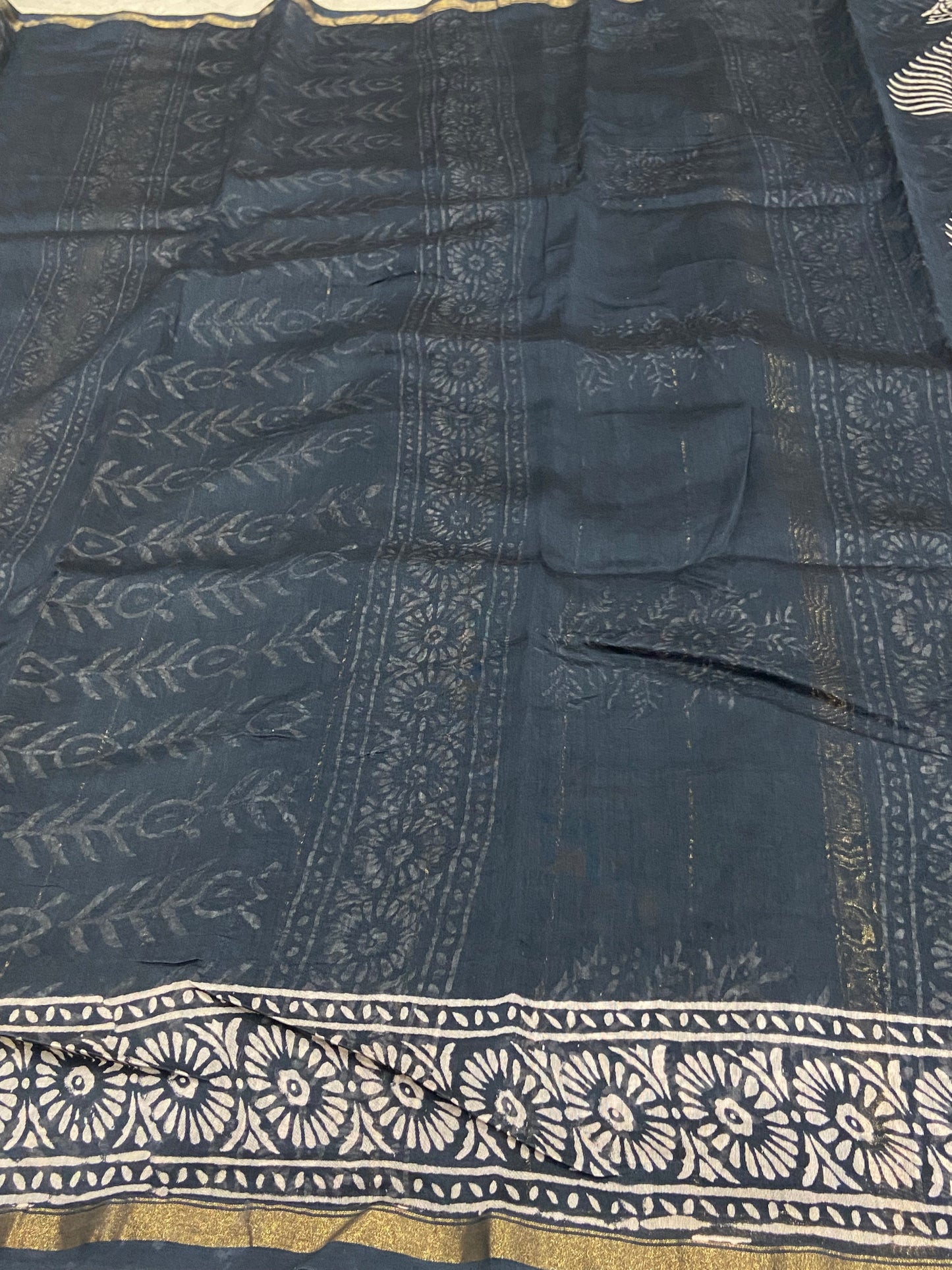 Navy blue leaf buttis chanderi cotton silk saree