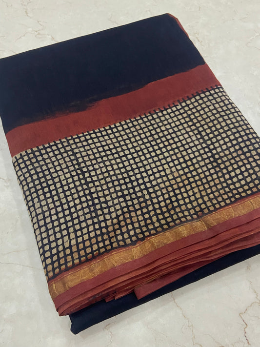 Black chanderi cotton silk checks border saree