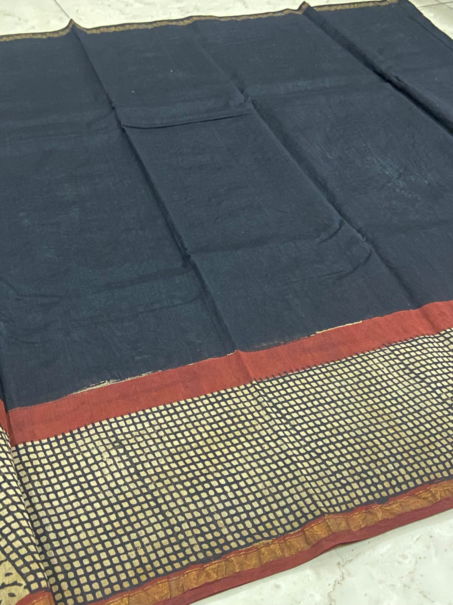 Black chanderi cotton silk checks border saree