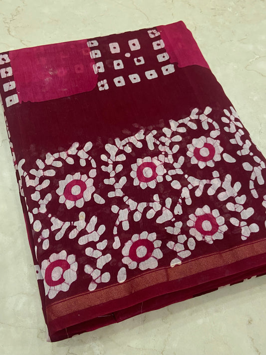 Red and pink checks chanderi cotton silk saree
