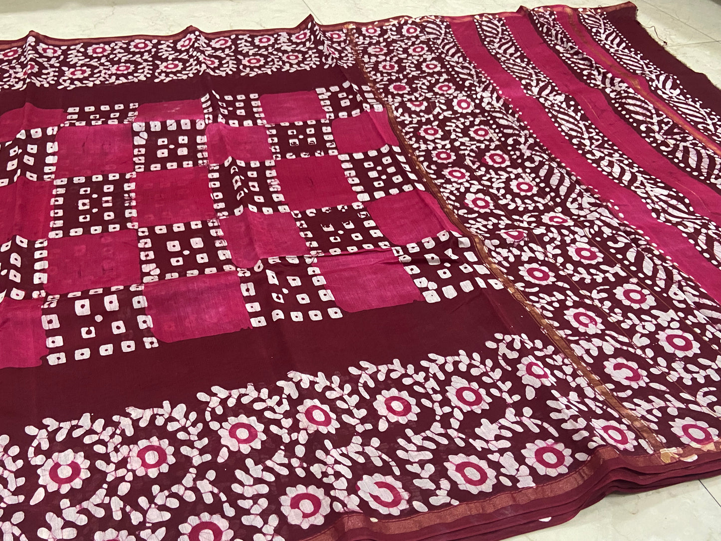 Red and pink checks chanderi cotton silk saree