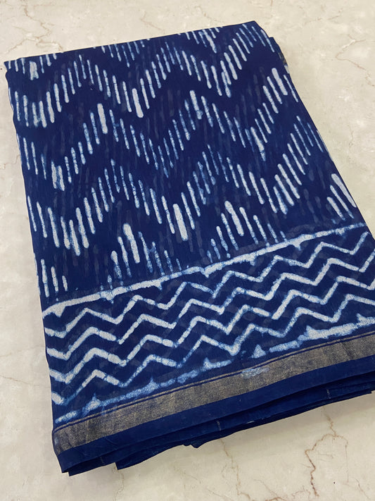 Indigo zigzag pattern chanderi cotton silk zari border saree