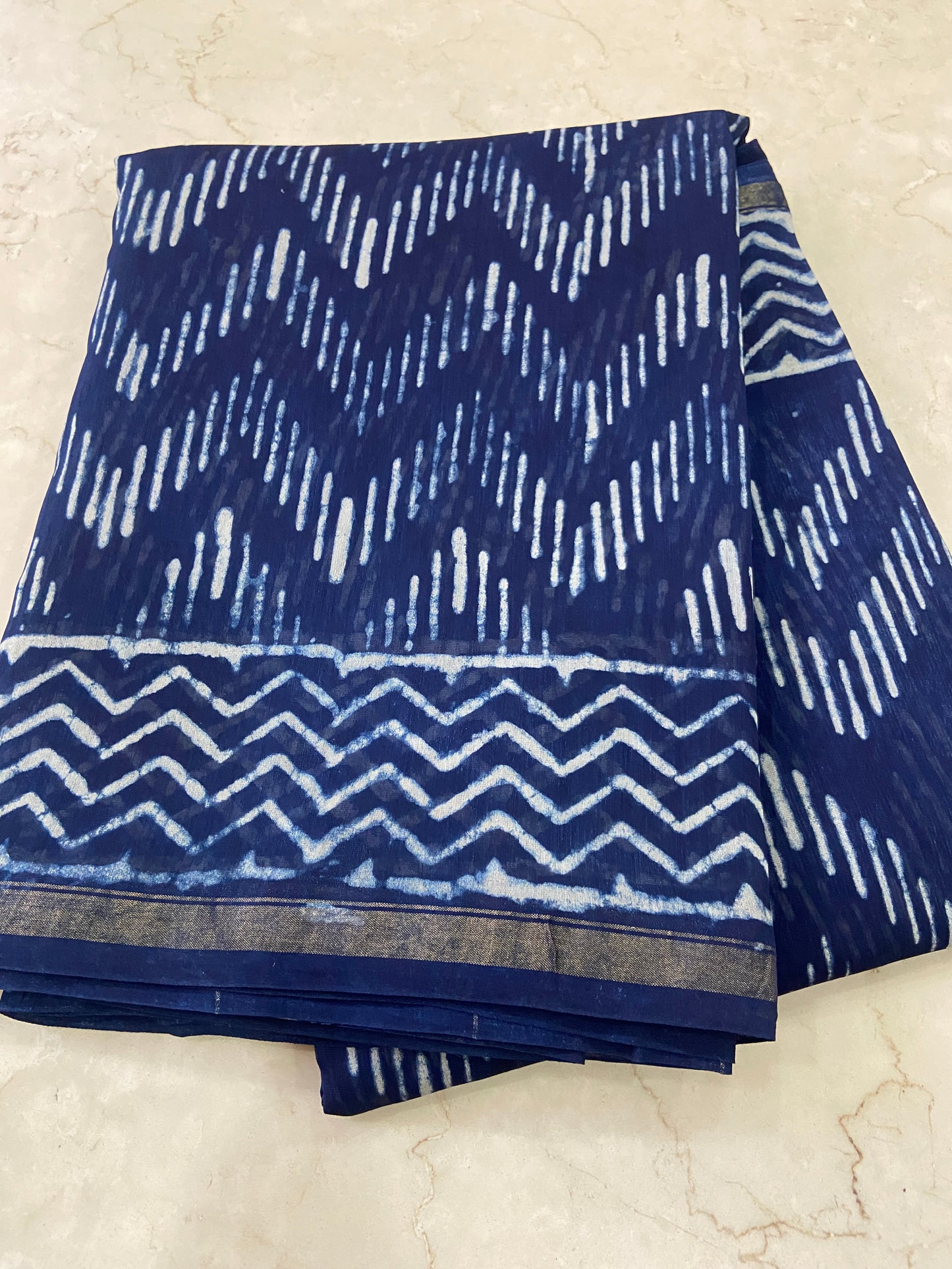 Indigo zigzag pattern chanderi cotton silk zari border saree