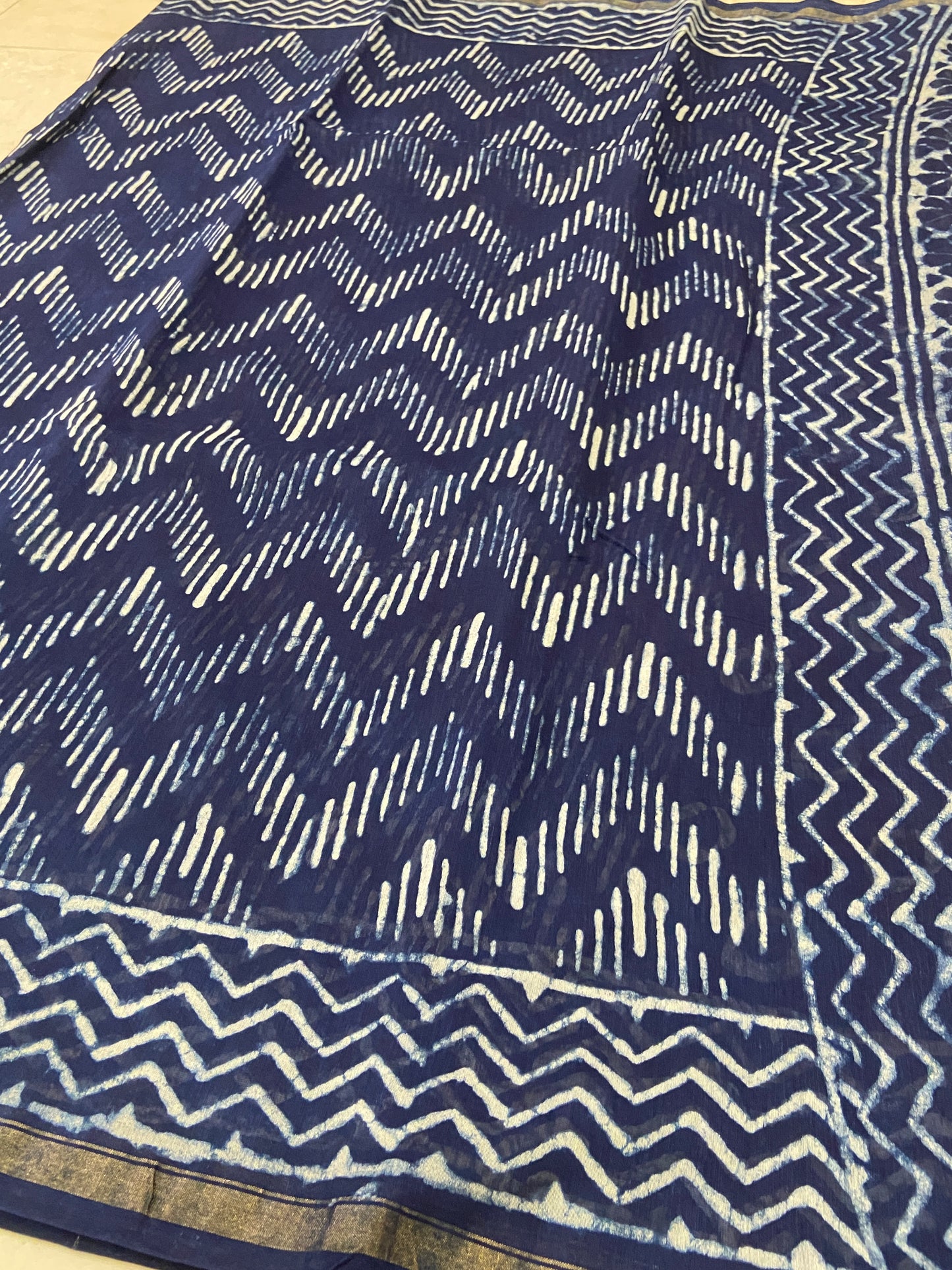 Indigo zigzag pattern chanderi cotton silk zari border saree