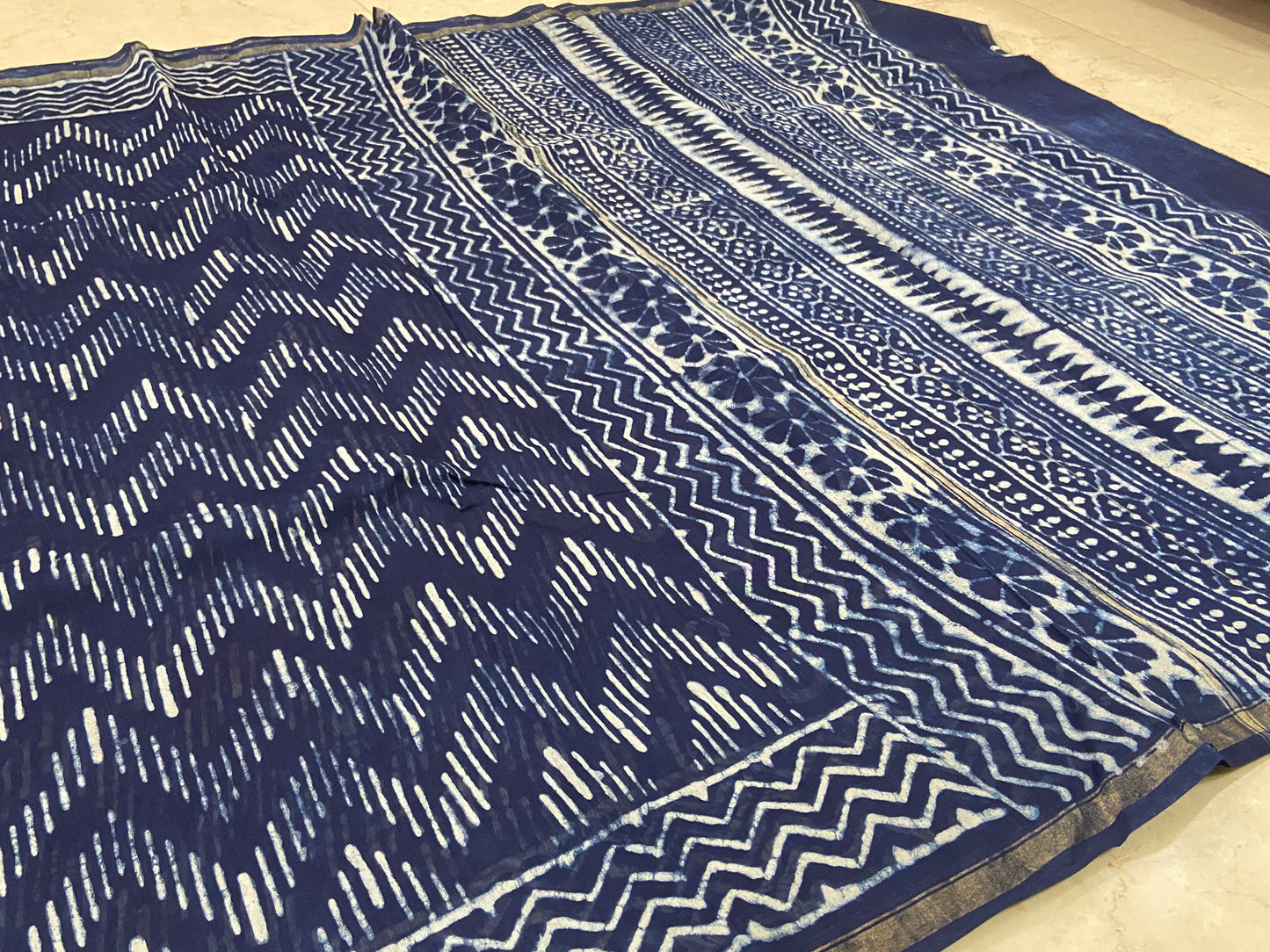 Indigo zigzag pattern chanderi cotton silk zari border saree