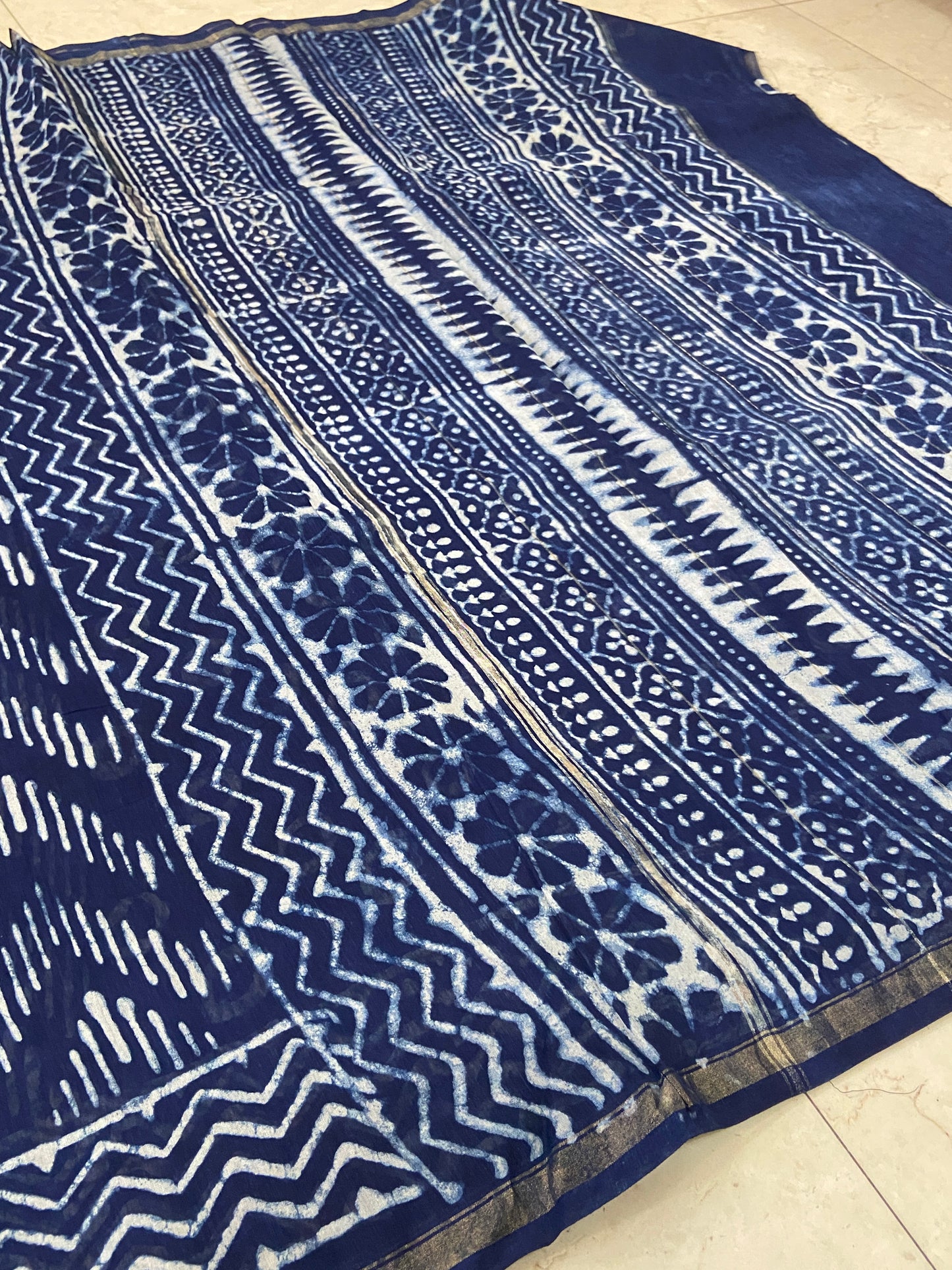 Indigo zigzag pattern chanderi cotton silk zari border saree