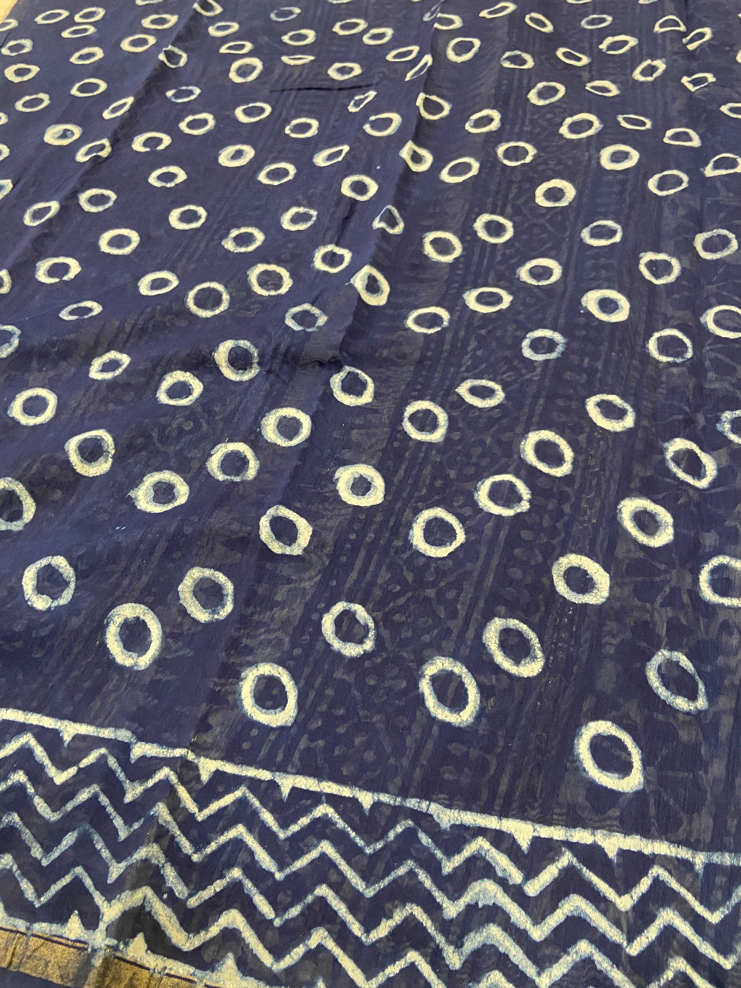 Indigo zigzag pattern chanderi cotton silk zari border saree