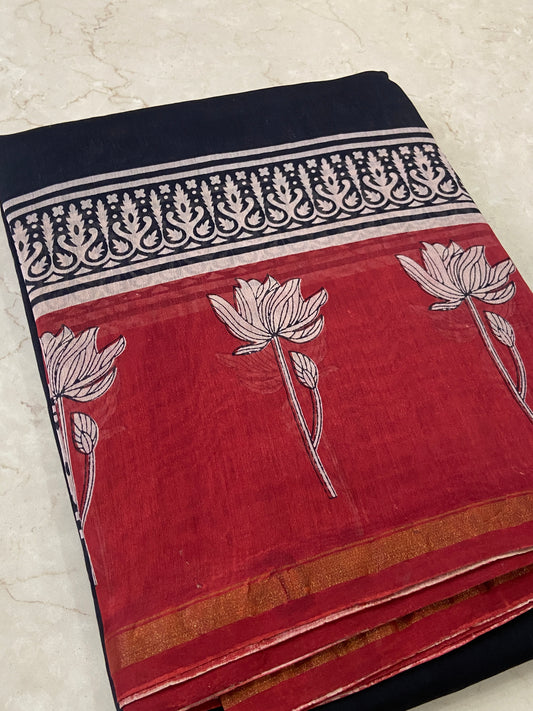 Black and red flowers border chanderi cotton silk saree