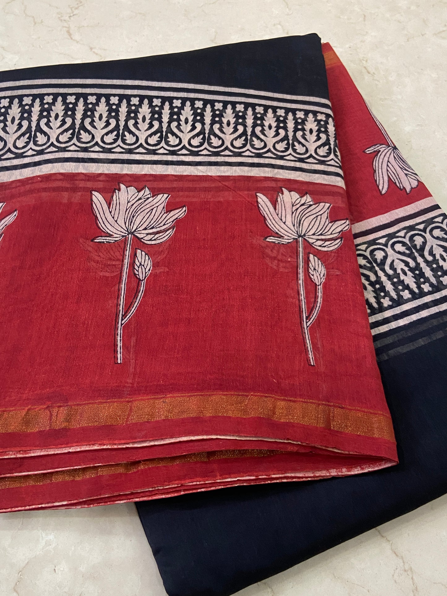 Black and red flowers border chanderi cotton silk saree
