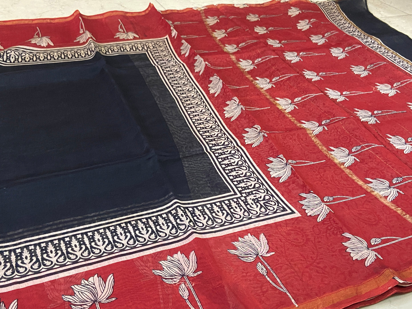 Black and red flowers border chanderi cotton silk saree
