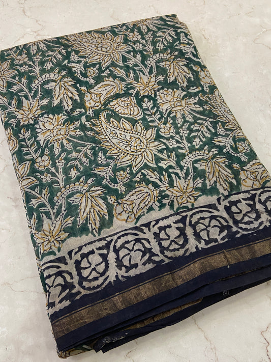 Green chanderi cotton silk zari border saree
