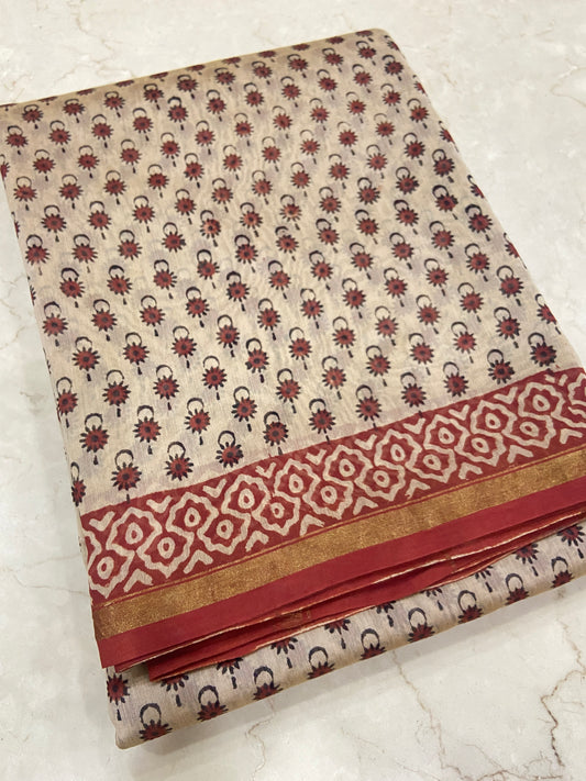 Cream white and red chanderi cotton silk saree