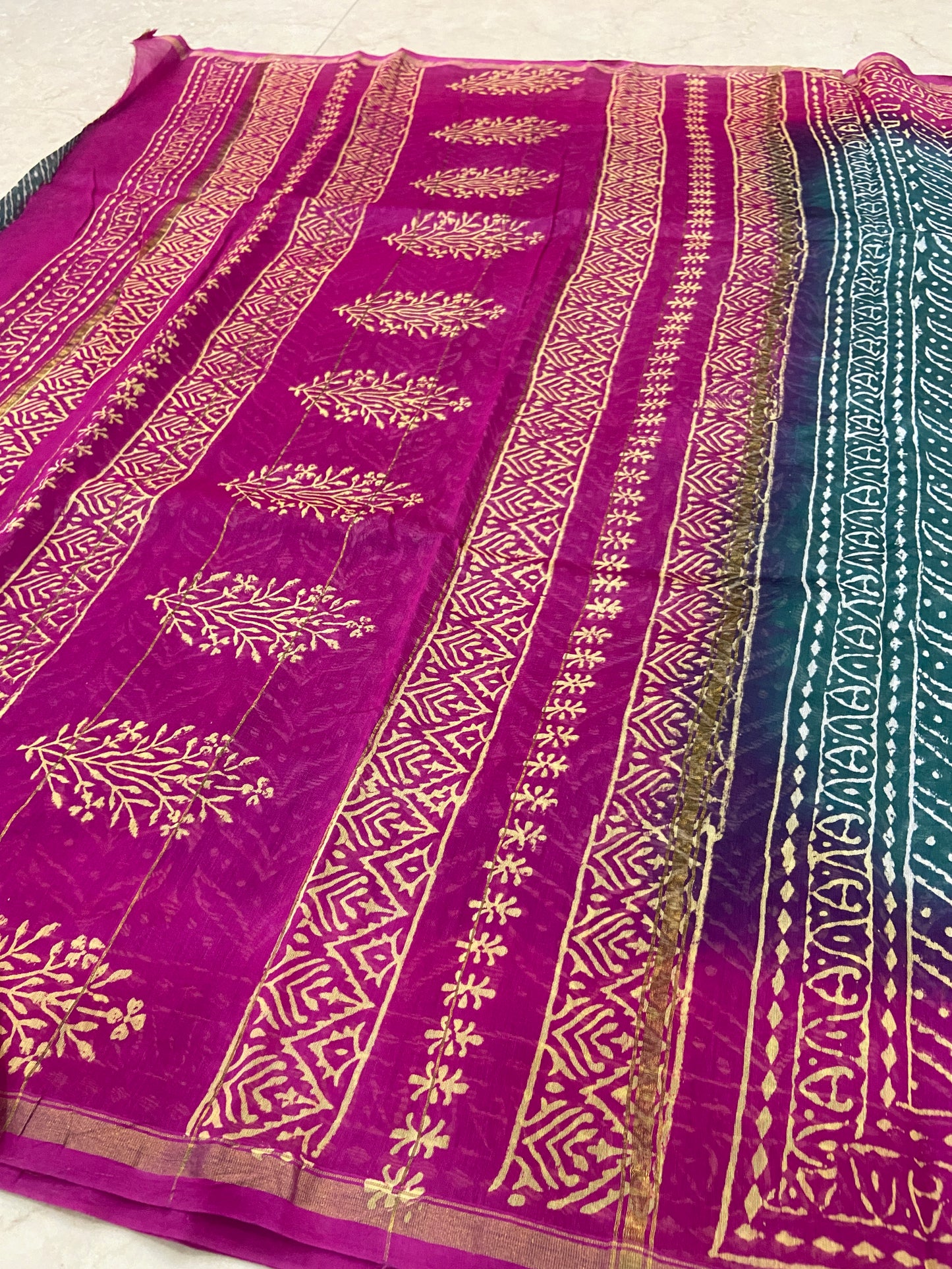 Morpankh green and pink chanderi cotton silk saree