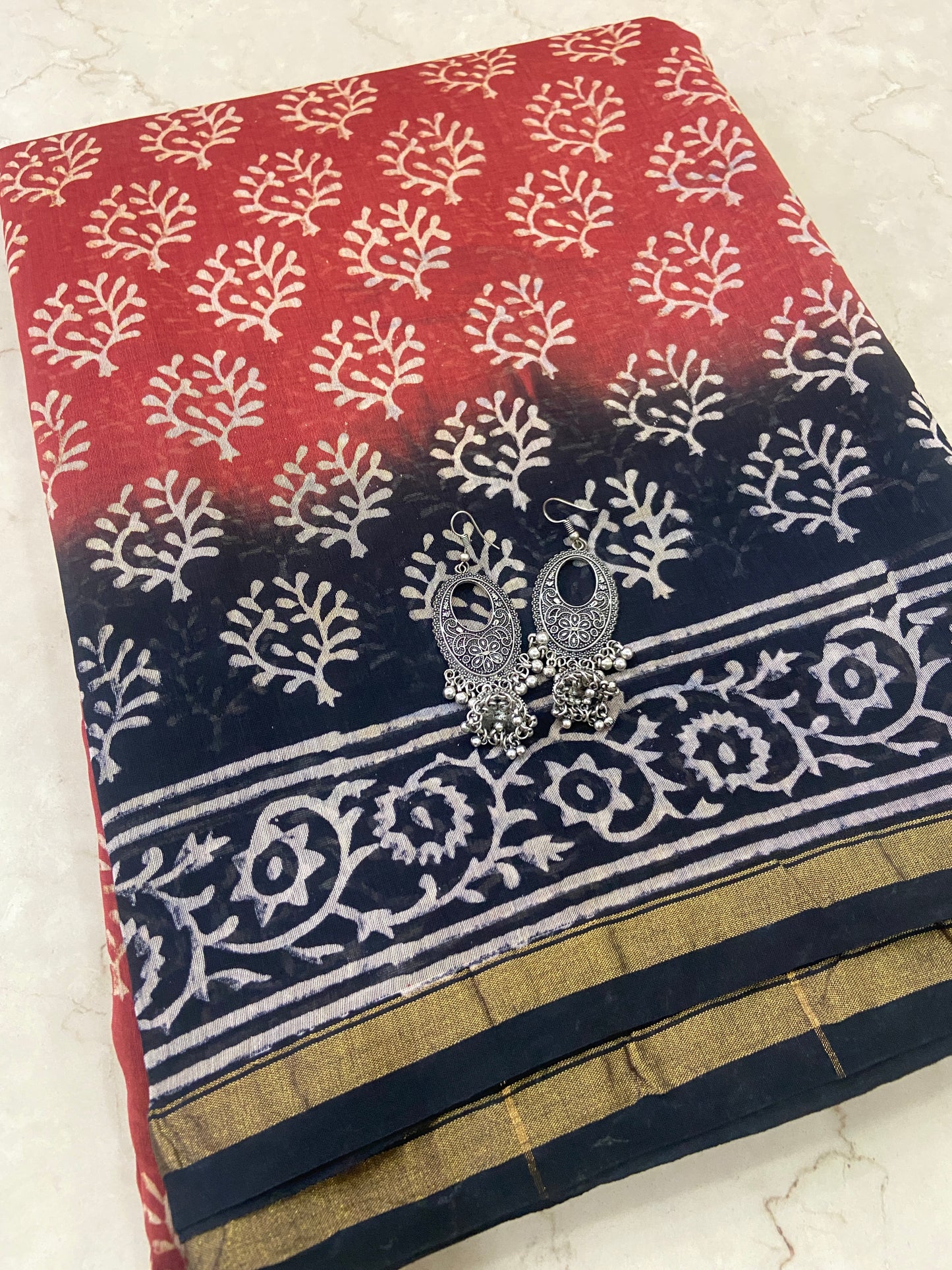 Orange and black chanderi cotton silk saree