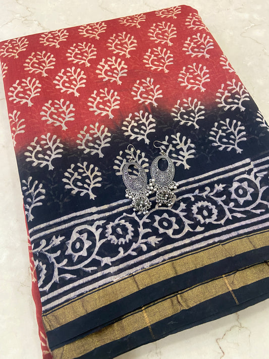 Orange and black chanderi cotton silk saree