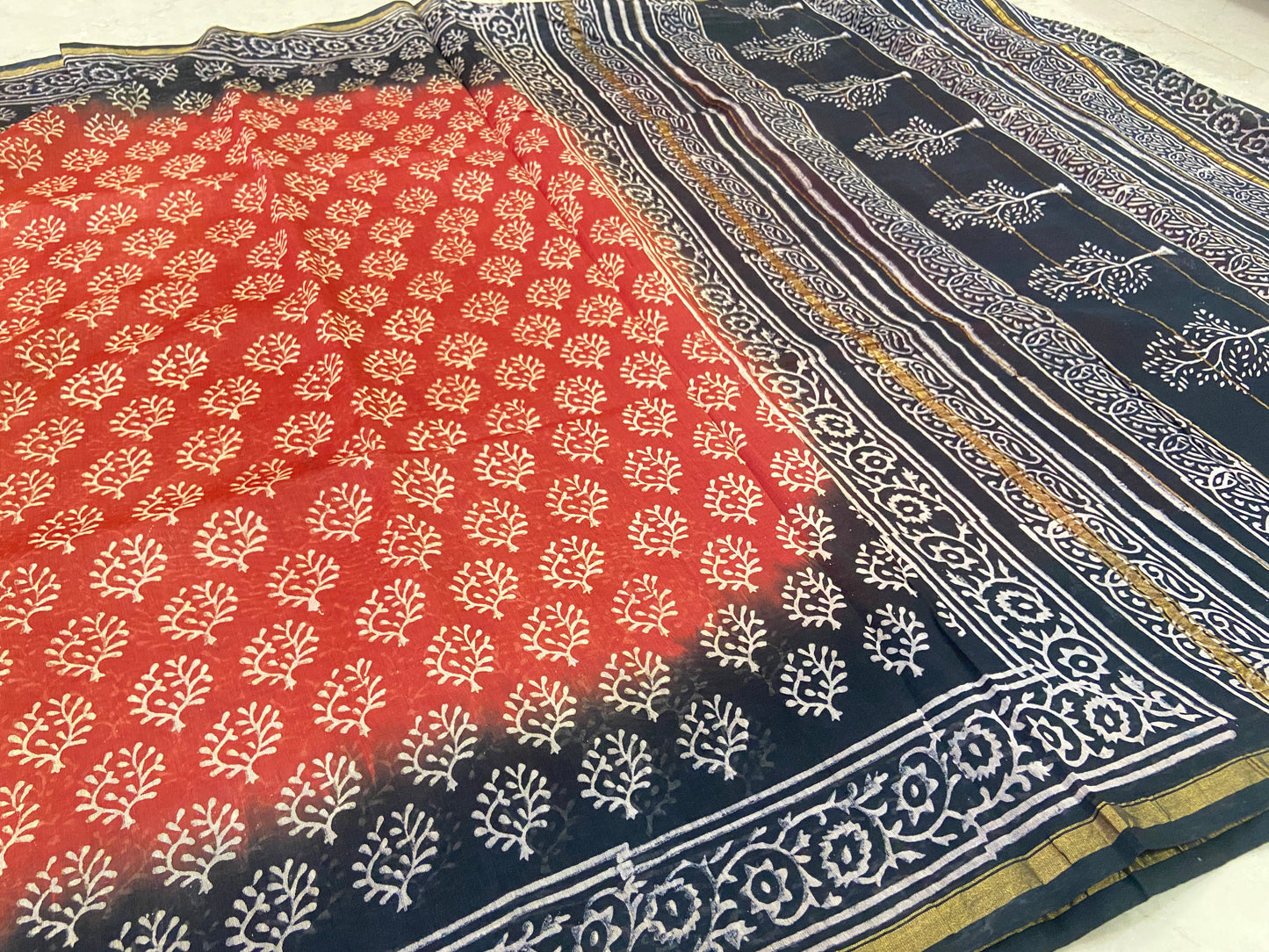 Orange and black chanderi cotton silk saree