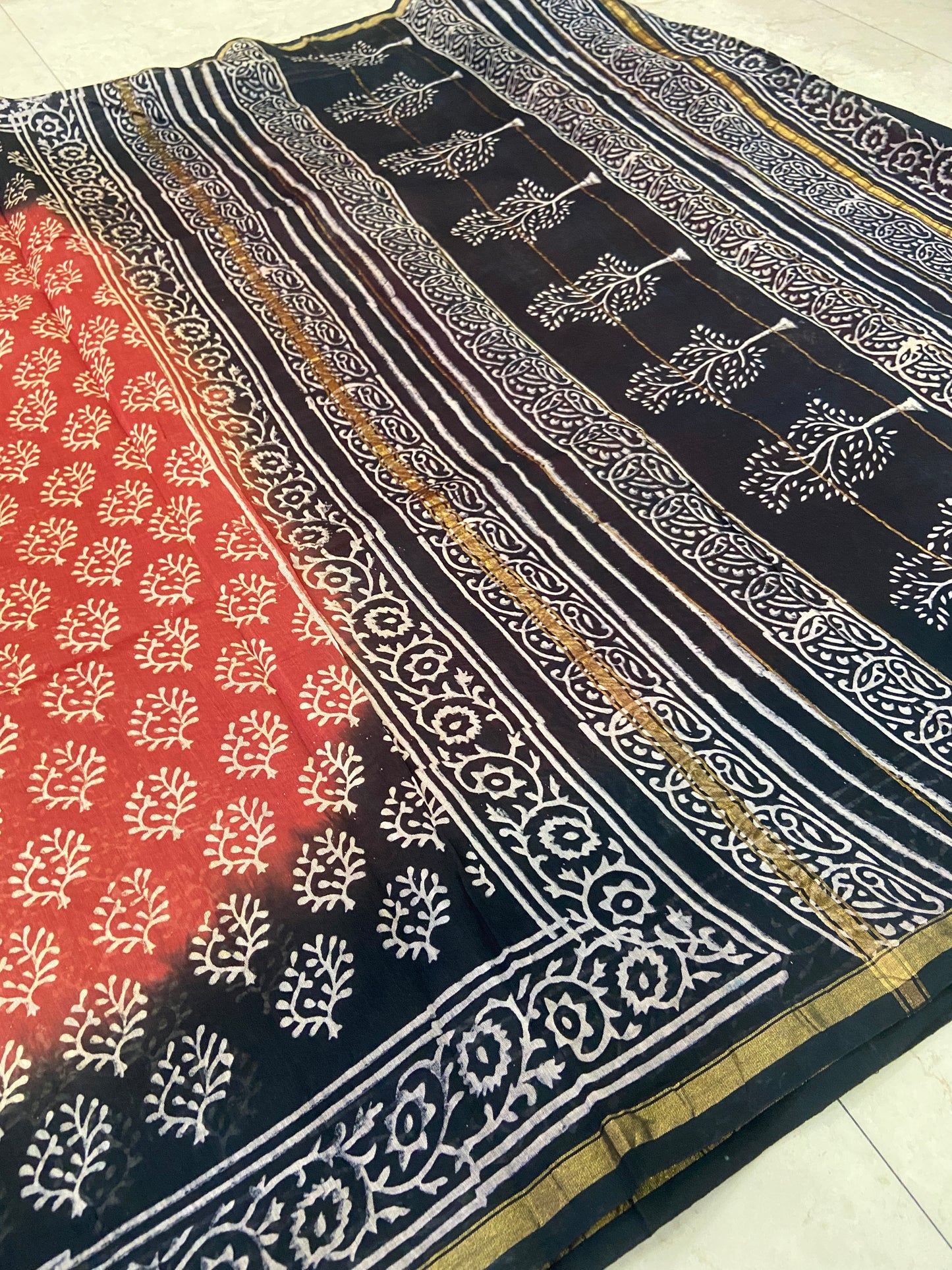 Orange and black chanderi cotton silk saree