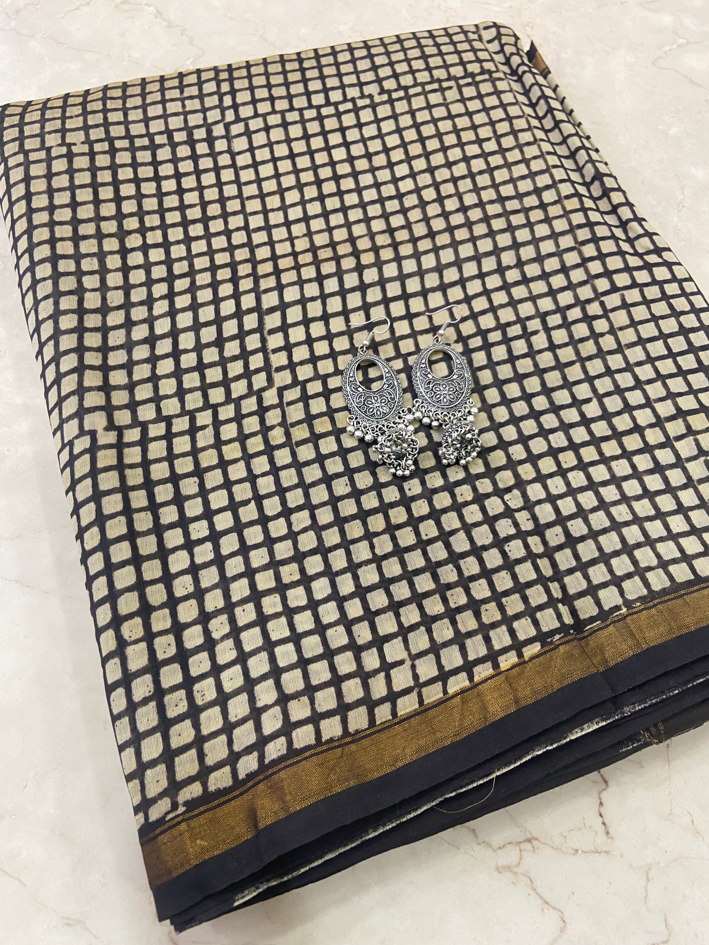 Black checkered chanderi cotton silk saree