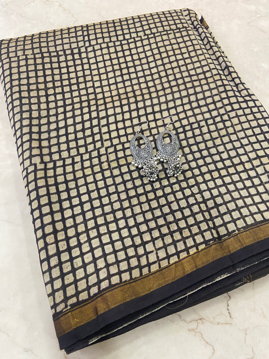 Black checkered chanderi cotton silk saree