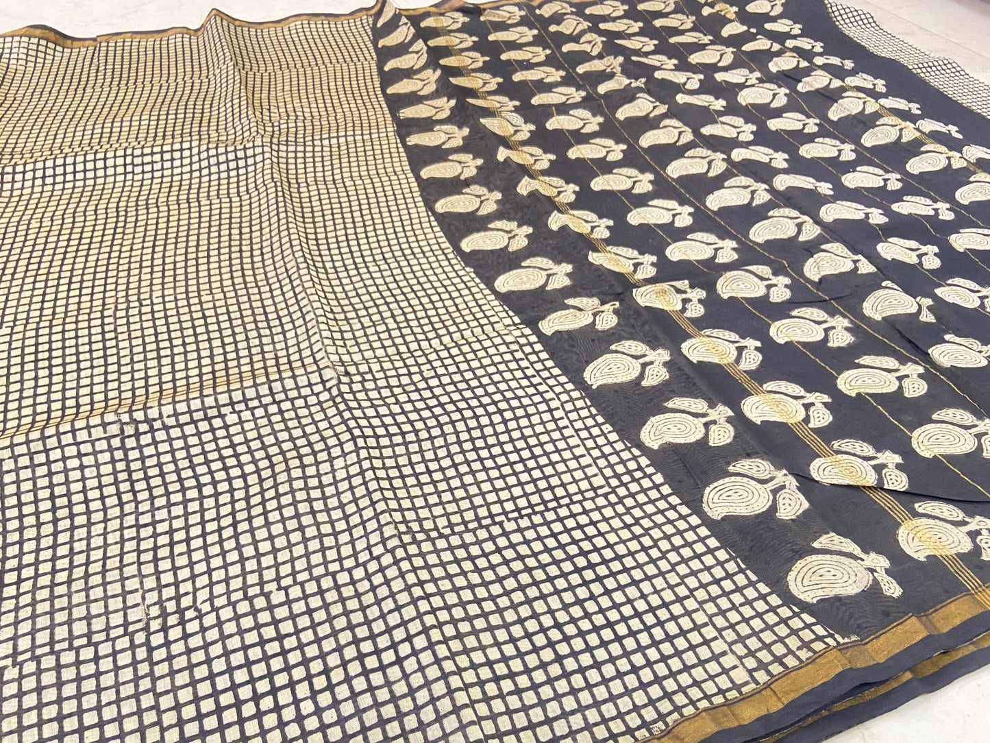 Black checkered chanderi cotton silk saree