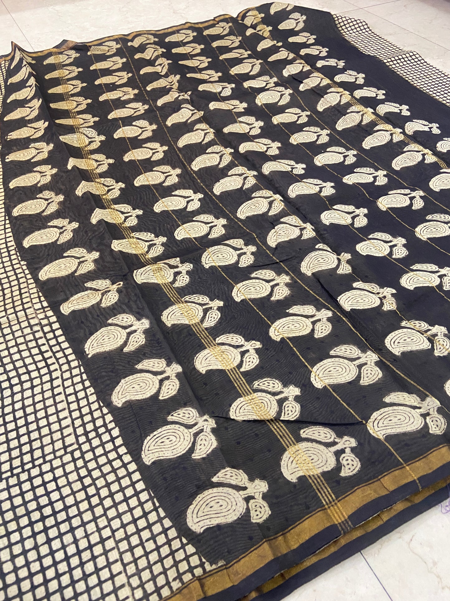 Black checkered chanderi cotton silk saree