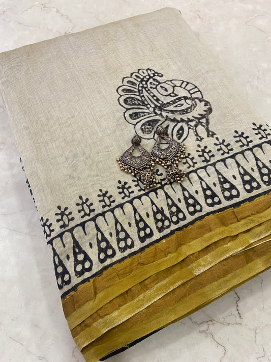 Black peacock pallu buttis chanderi cotton silk saree