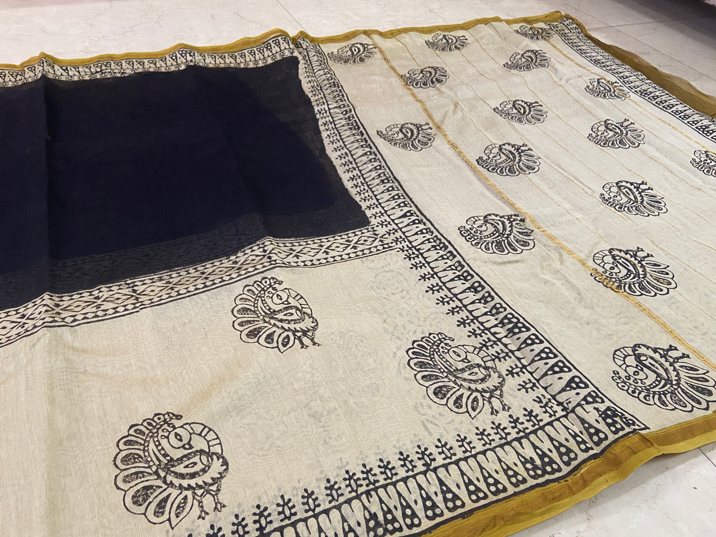 Black peacock pallu buttis chanderi cotton silk saree