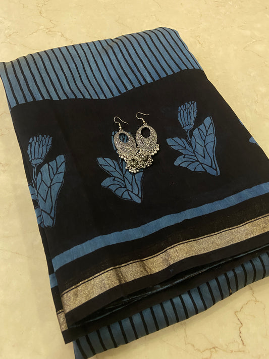 Blue stripes chanderi cotton silk saree