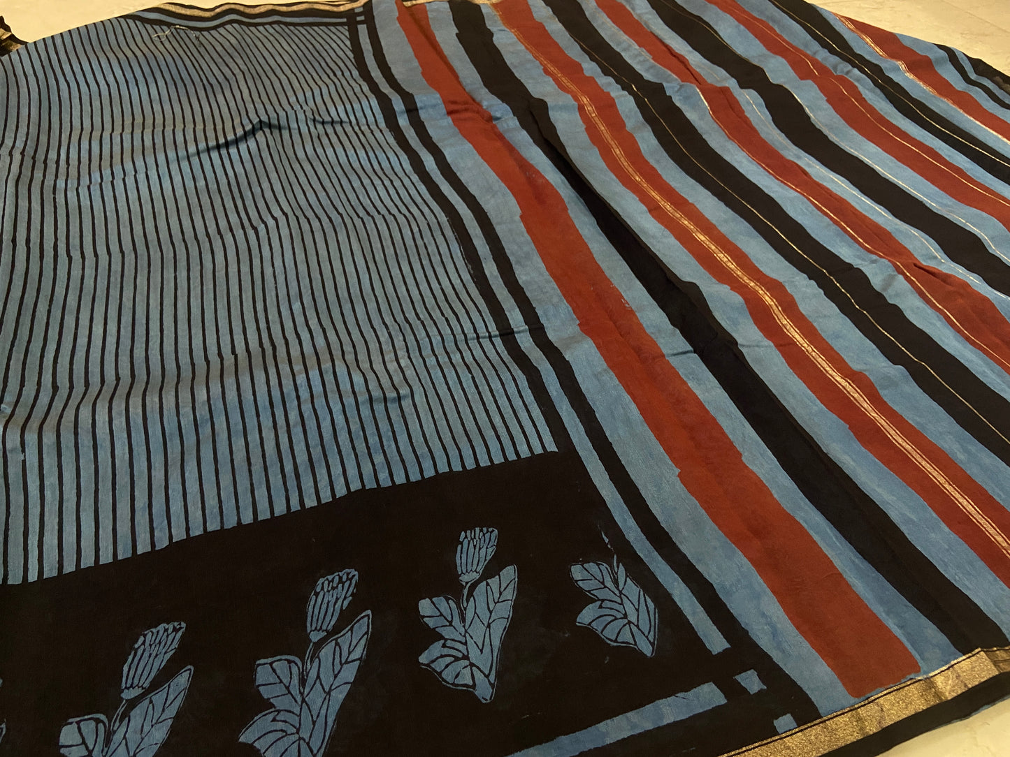 Blue stripes chanderi cotton silk saree