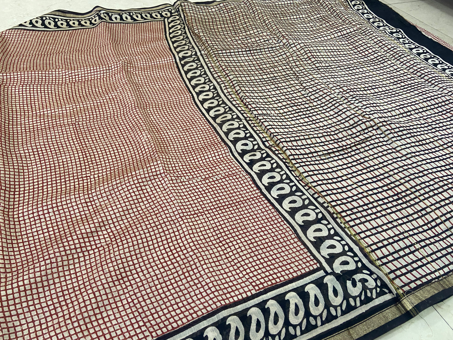 Red checkered chanderi cotton silk saree