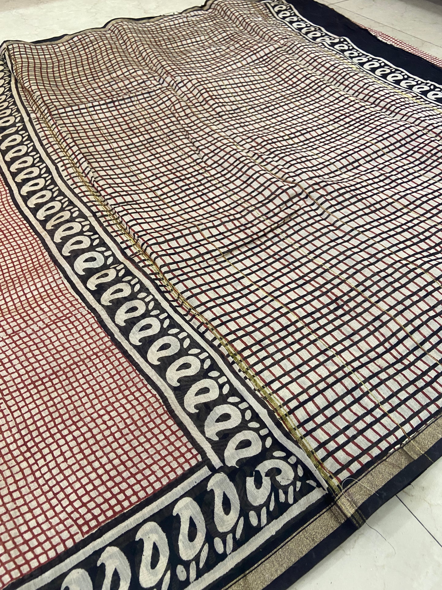 Red checkered chanderi cotton silk saree