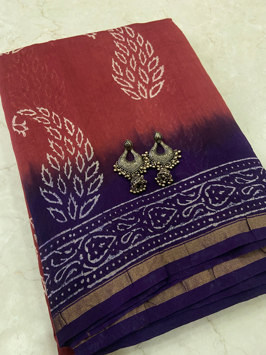 Orange and purple  mango buttis chanderi cotton silk saree