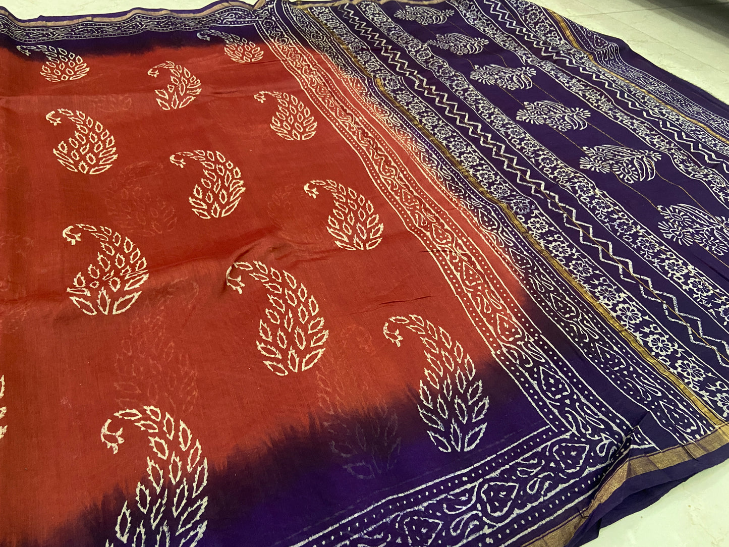 Orange and purple  mango buttis chanderi cotton silk saree