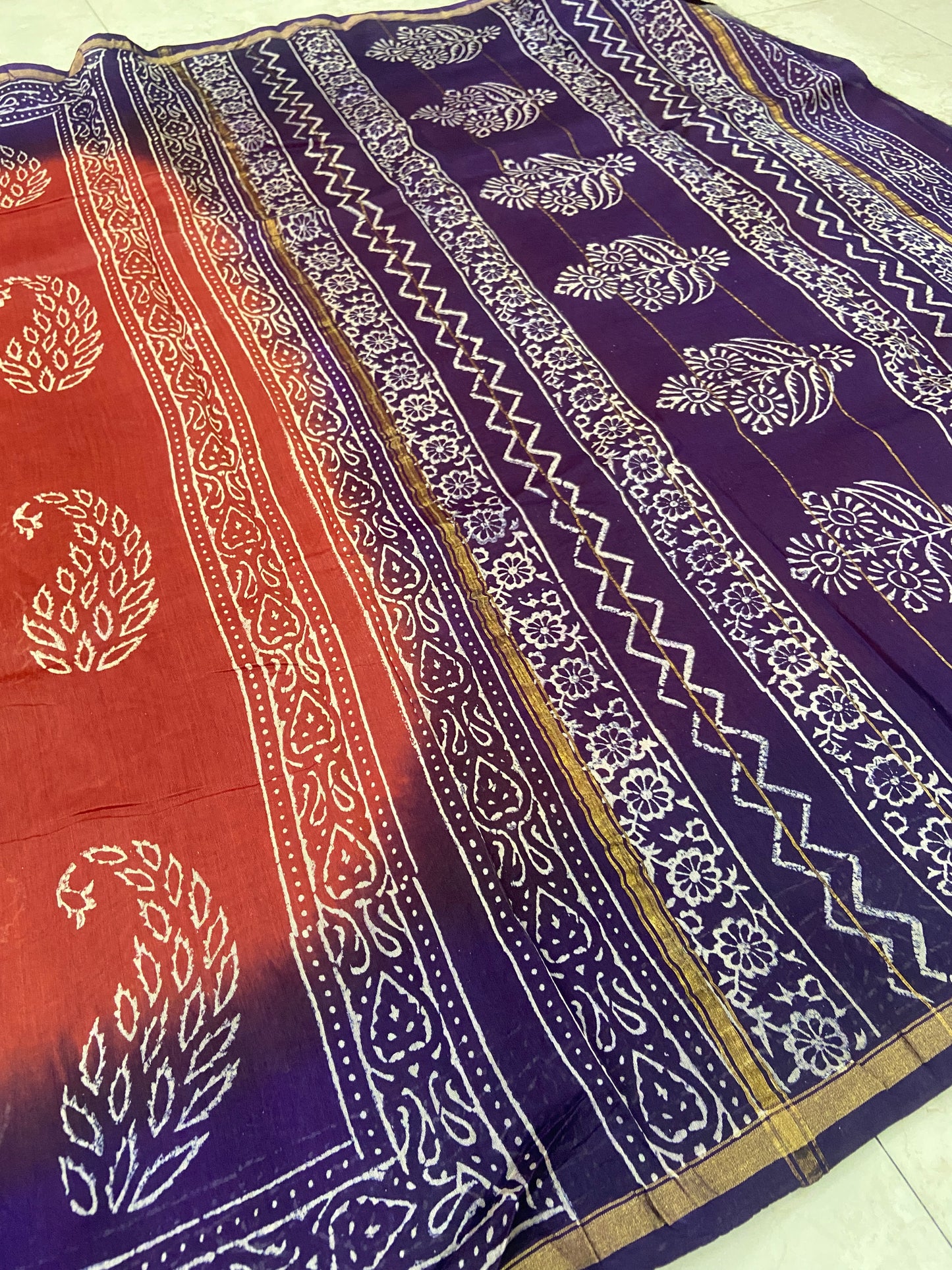 Orange and purple  mango buttis chanderi cotton silk saree