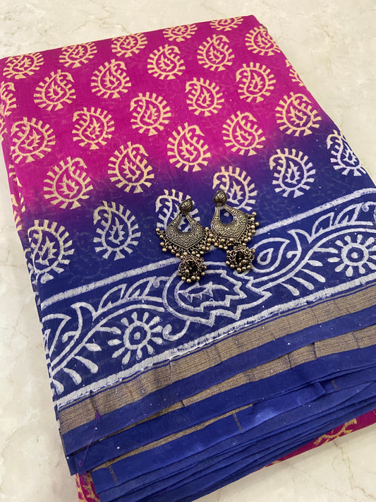 Pink and blue chanderi cotton silk saree