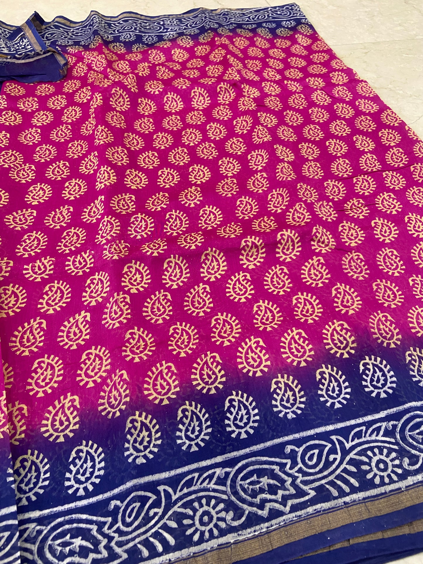 Pink and blue chanderi cotton silk saree