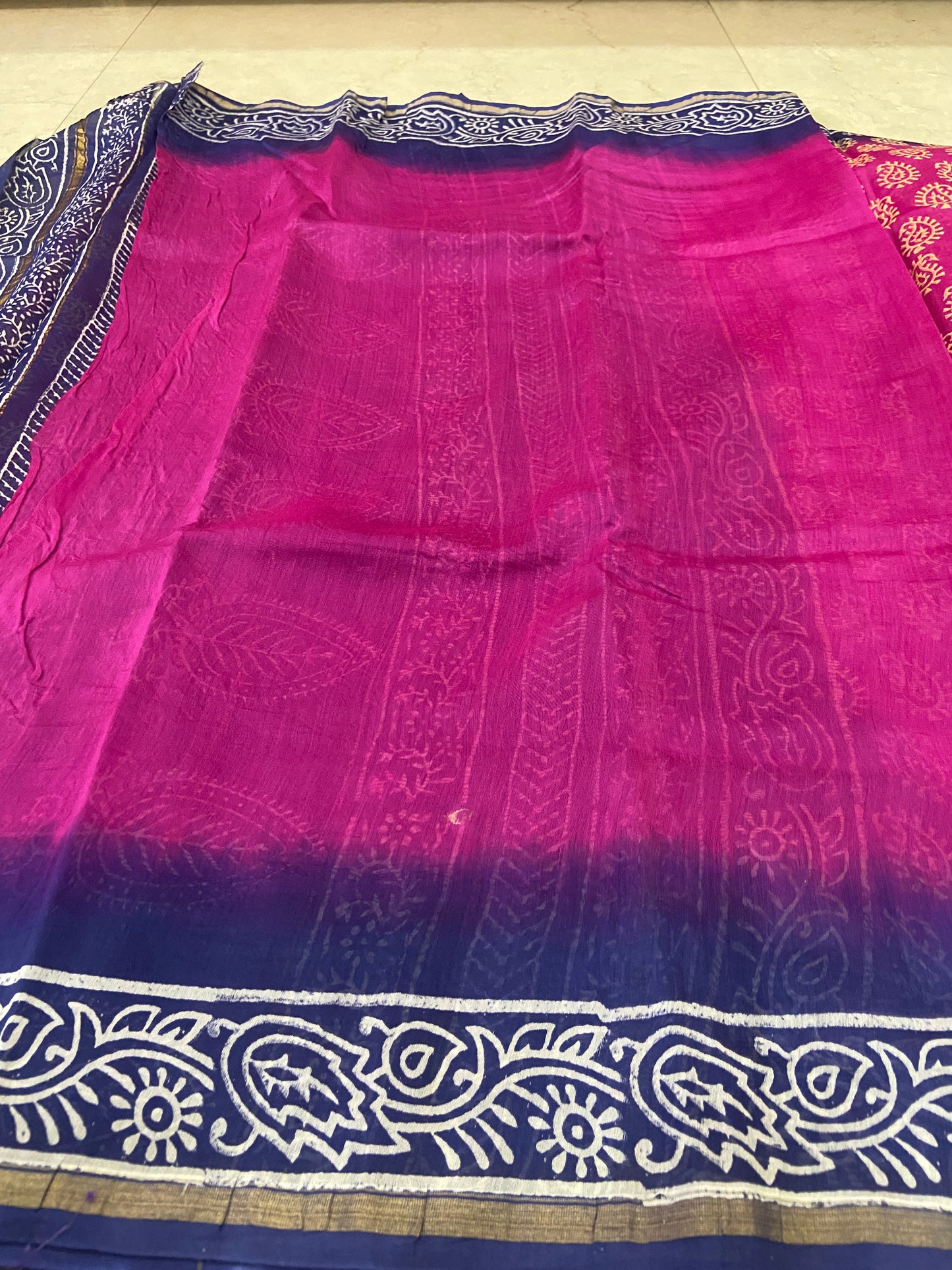 Pink and blue chanderi cotton silk saree