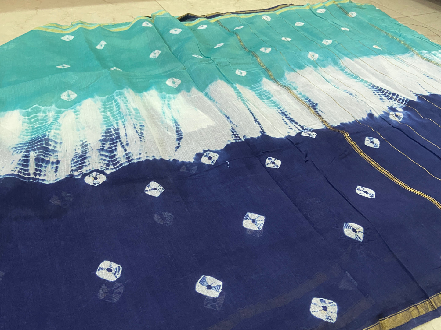 Aquablue bandhani printed chanderi cotton silk saree